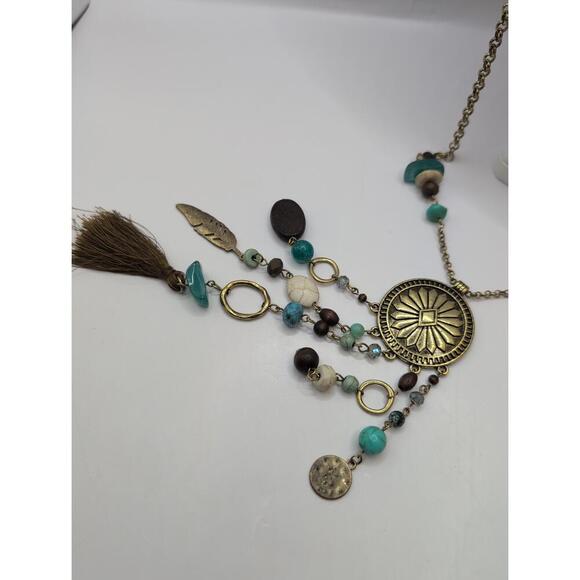 Vintage 1946 Turquoise Fringe Tassel Fabric Charm Beaded Necklace - Picture 2 of 5